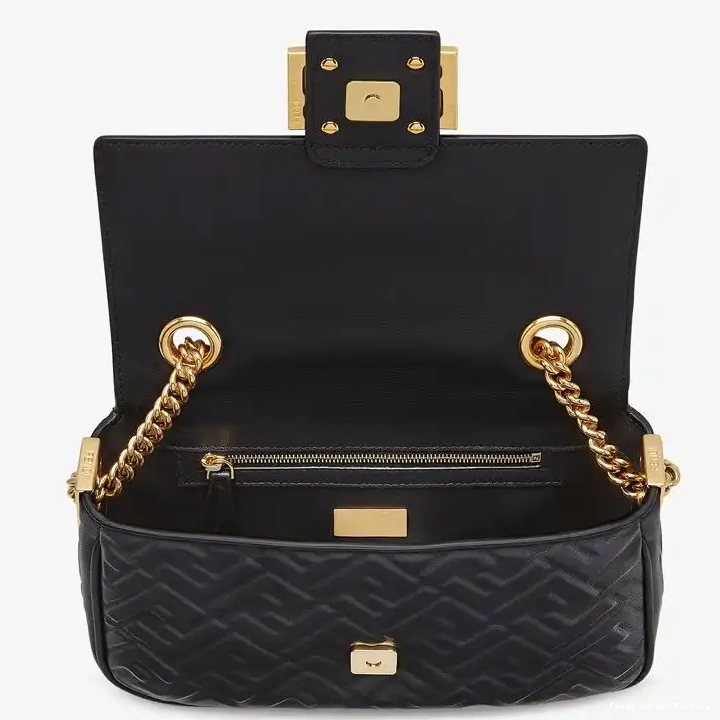 Cheap HOT Midi Black Leather Nappa Motif Chain Fendi In Baguette FF Bag 0525